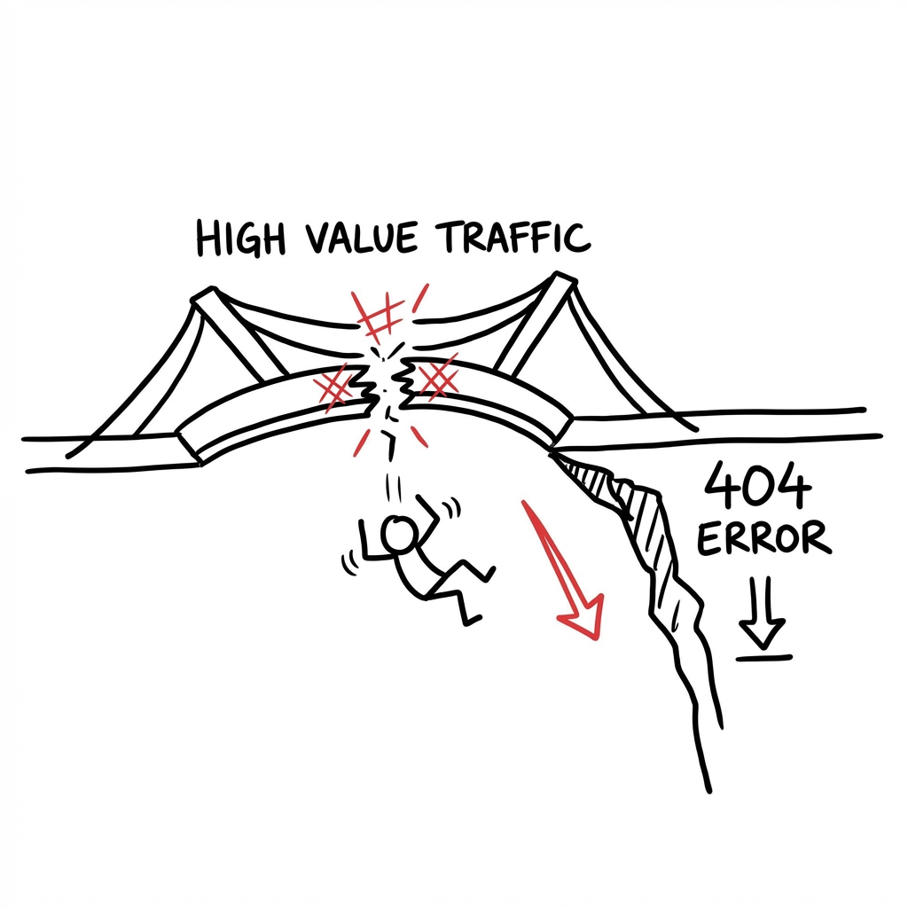 B2B Story Part 3: The Dead End. A 'High Value Traffic' bridge snaps in half, dropping the user into a '404 Error' abyss.