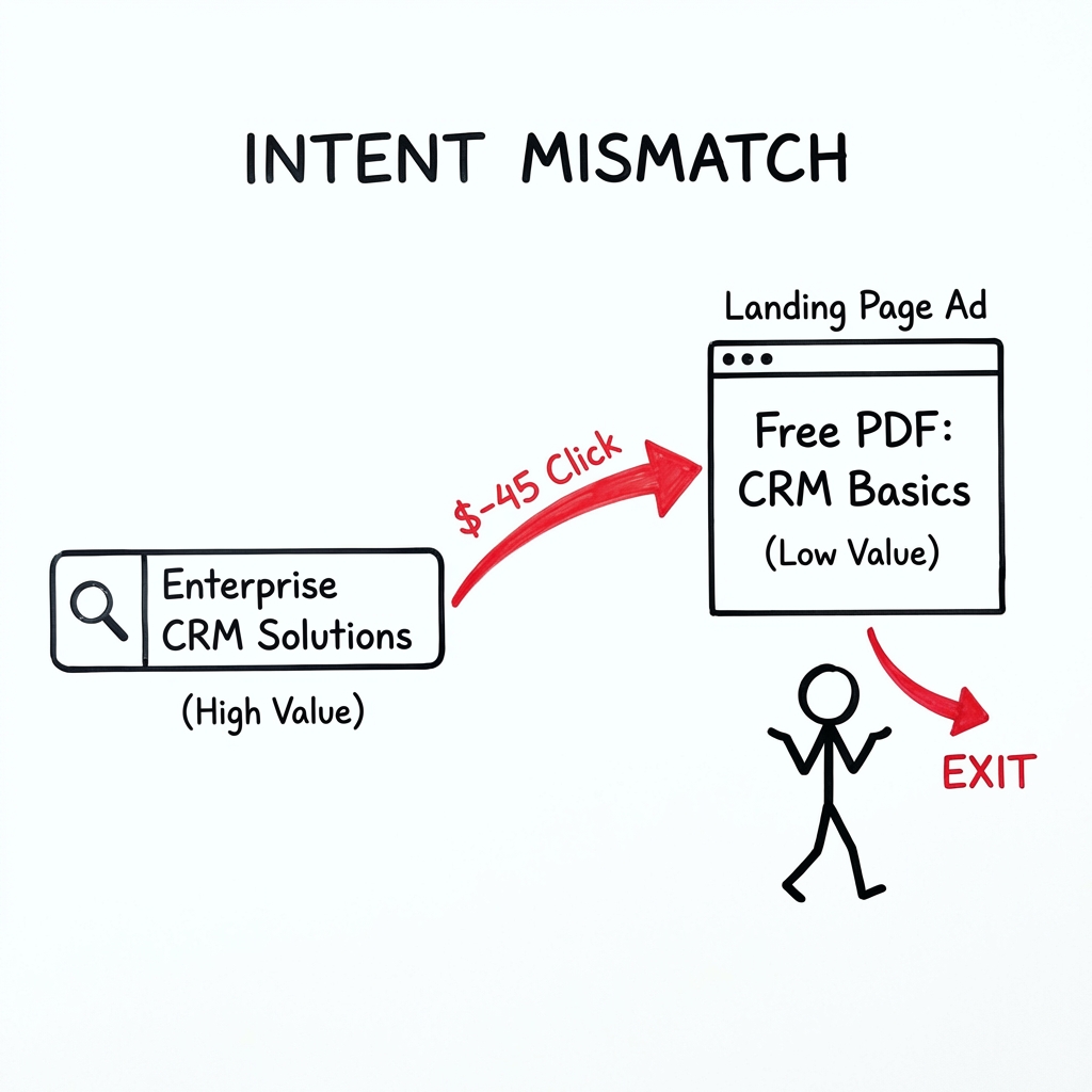 B2B Story Part 1: Intent Mismatch. High-Value 'Enterprise CRM Solutions' search leads to Low-Value 'Free PDF' ad. Result: Immediate Exit and wasted ad spend.
